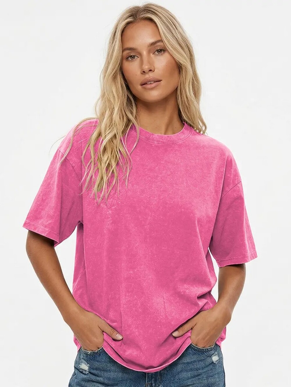 Vintage Pink Acid Wash Denim Tee Crew Short Sleeve Pull Over Sz Medium
